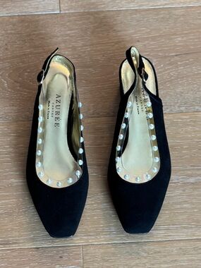 New Azurée Cannes Black Suede Slingback Block Heel w/ Faux Pearls, U.S Size 7.5